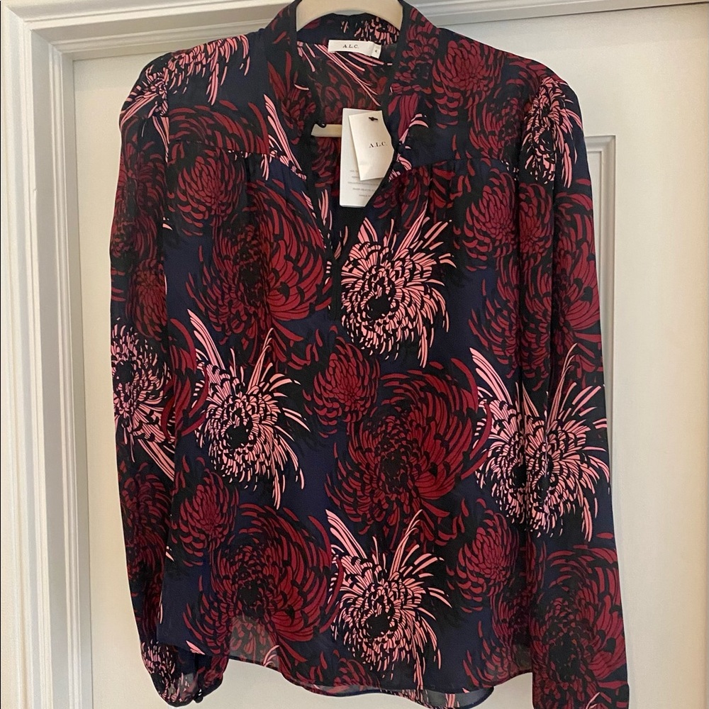 NWT ALC Beatrix Burgundy Floral 100% Silk Blouse Top - Picture 7 of 12